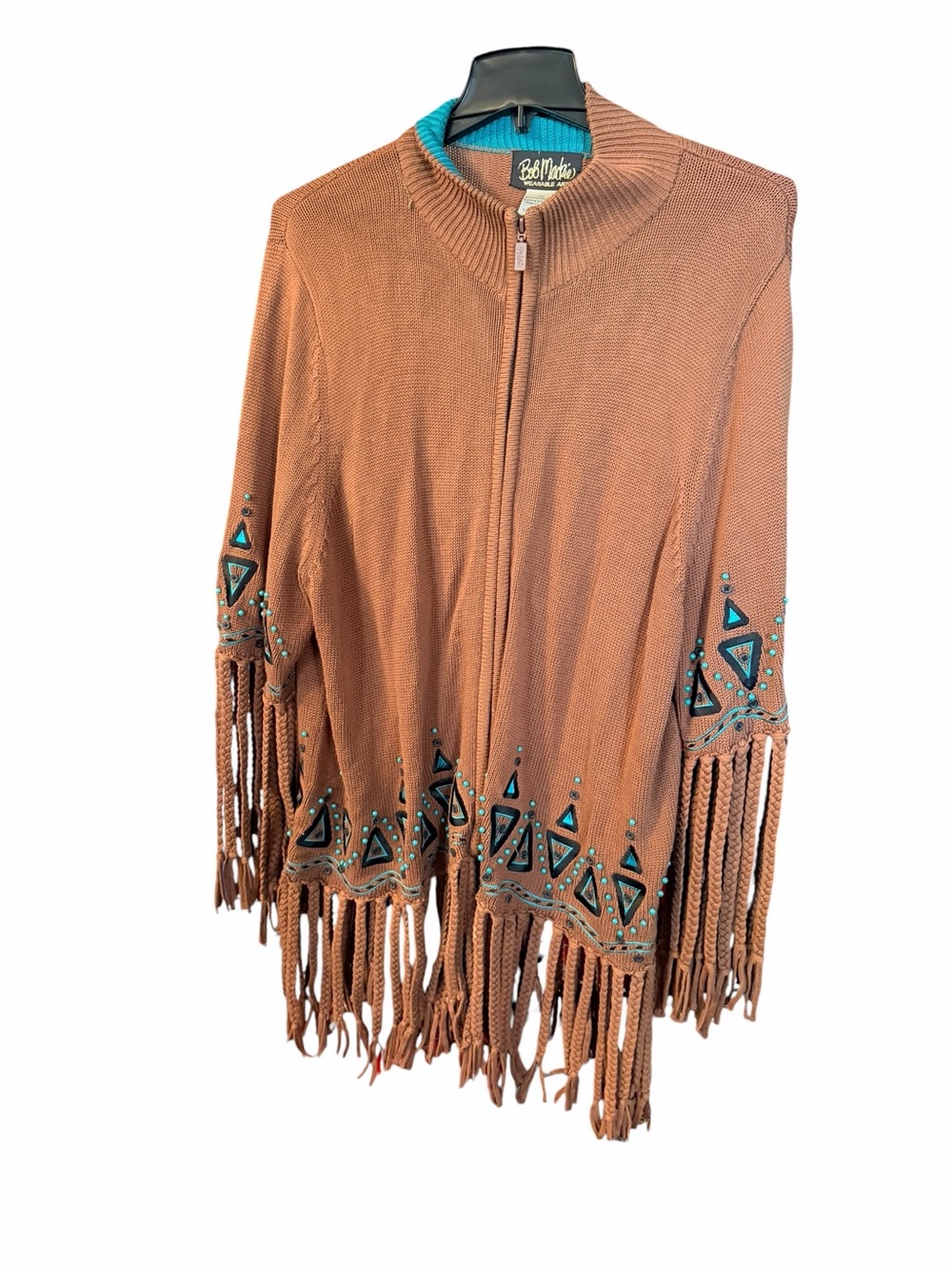 Bob Mackie Brown Fringe Zip Sweater with Turquoise Accents
